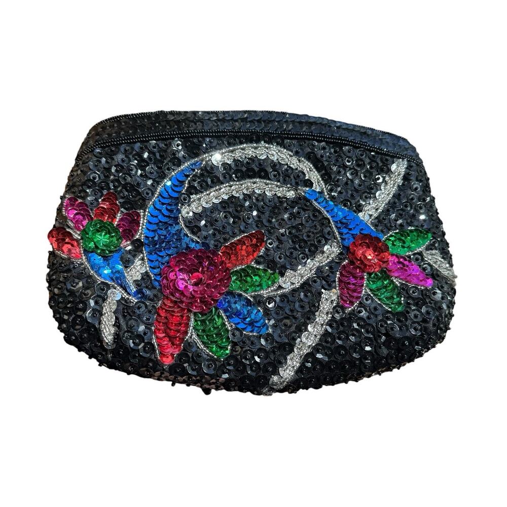 Vtg 90s Beaded Sequin Clutch Evening Bag Black Purse Glam Cocktail Mob Y2k Prom